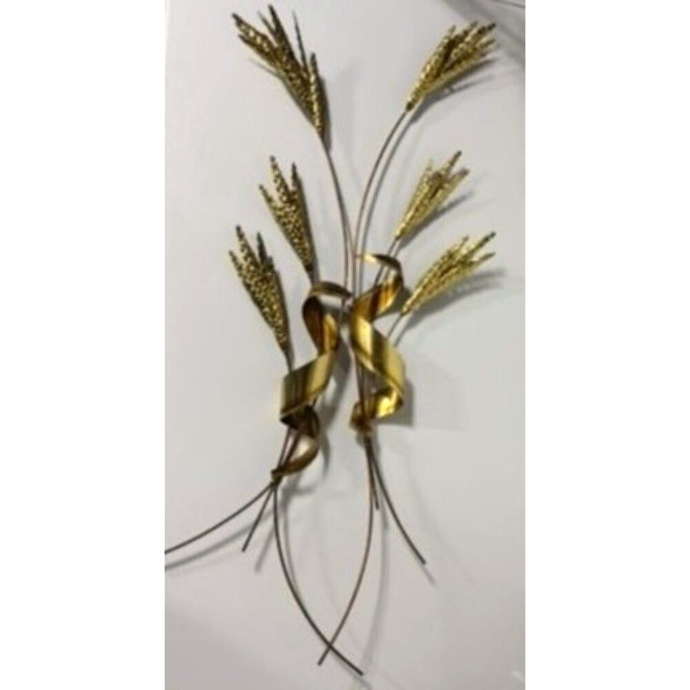 Vtg 2 Pc Brass Wheat Wall Hanging Décor Metal Gold Toned Mid-Century Style